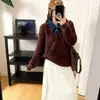 Nuevo Punto de Imitación de Visón Japonés y Coreano con Mangas de Mezclilla Empalmadas Cuello Polo Falso de Dos Piezas Ropa de Punto para Mujer Otoño e Invierno Punto Holgado Mangas Largas
