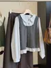 Camisa dulce de estilo universitario con bloques de color y cuello de muñeca para mujer, nuevo estilo de otoño, versión coreana, top elegante con volantes que reduce la edad, falso dos piezas
