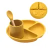 Conjunto de três peças de prato de silicone com ventosa pequena, copo d'água, conjunto de colher e garfo, conjunto de alimentação de silicone para bebês