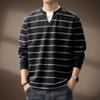 Camiseta de Manga Larga Retro a Rayas Italoamericana para Hombre, Nuevo Estilo Otoño, Corte Holgado, Falso Dos Piezas, Cuello Redondo, Sudadera Base