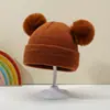 Chapéu de Tricô Novo para Crianças Transfronteiriço Chapéu de Lã Dupla Bola para Bebê Chapéu de Tricô Quente Cor Sólida Chapéu de Outono e Inverno para Bebê