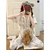 Pijama de Algodón Nube para Mujer, Verano Lindo Conejo de Dibujos Animados Manga Corta Pantalón Largo, Talla Grande Holgado Conjunto de Hogar de Verano