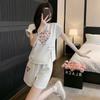 Conjunto de Verão para Mulheres Baixas: Blusa Manga Curta Botões Estampa Coração Estilo Chinês Casual + Shorts com Cordão, Atacado Transfronteiriço