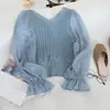 Camisa Base Dulce de Gasa con Costuras, Estilo Fresco Nuevo para Primavera y Otoño, Cuello en V Holgada de Linterna para Mujer