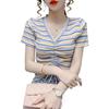 Playera de manga corta con cuello en V y cordón ajustable con rayas de arcoíris de Simon Lerner para mujer, verano, nueva, corte ajustado, combinable, top pequeño