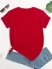 Camiseta Casual Negra de Algodón Suave Elástico Talla Europea, Diseño de Corazón Rojo -