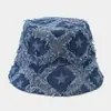 Sombrero de Pescador de Mezclilla con Borde Crudo en Forma de Estrella para Mujer, Sombrero de Cubo de Diseño de Nicho Azul, Circunferencia de Cabeza Grande, Sombrero de Cubo de Moda para Adelgazar el Rostro
