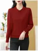 Top de punto con cuello polo de hilo de núcleo para mujer, camiseta de manga larga, nuevo estilo otoño 2026, cuello de solapa, camiseta básica para madres de mediana edad