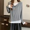 Camiseta Europeia de Cor Contrastante Falsa Duas Peças Manga Longa Feminina Primavera e Outono Solta Emagrecimento Senso de Design Nicho Top para Usar por Dentro