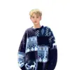 Suéter Retro Americano para Hombre Invierno Tendencia Marca Holgado Casual Patchwork Bloque de Color Tejido de Cable Chaqueta Suéter