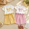 Conjunto de Verão Estilo Coreano para Meninas com Laço e Babados Roupa Infantil Bonita Roupa de Verão para Bebê Menina Conjunto Elegante de Duas Peças