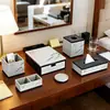 Caixa de lenços de hotel estilo luxo leve personalizada de fábrica, porta-escovas de dentes de resina para hotel, caixa de consumíveis, bandeja específica para quarto de hotel