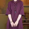 Novo top feminino de verão estilo chinês, moda retrô, gola alta, carcela diagonal, algodão-linho, com botões de contas de vidro e mangas de três quartos, comprimento médio, top tipo vestido de chá