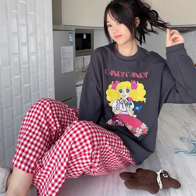 深灰卫玫瑰女孩红白小格裤双长