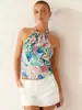 Moda Europea y Americana 2025 Sexy Estilo Vacacional Con Cuentas Estampado Floral Top Halter Elegante Espalda Descubierta con Tirantes