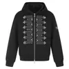 Sudadera con capucha bordada estilo court negra con elegante hebilla plateada simétrica, patrón de cuerda, cremallera cruzada, estilo high street, corte holgado para hombres y mujeres