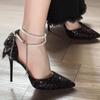 Sandálias Vazadas com Fivela de Uma Tira Verão Bico Fino Francês Laço de Paetês Strass Salto Alto Moda Feminina Sapatos de Pérola