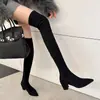 Botas largas para mujer, botas largas elásticas, botas de tacón alto de punta fina, botas altas hasta la rodilla para mujer, botas altas de gamuza, color caqui