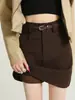 Falda corta estilo traje color café para mujer, nueva colección otoño 2026, diseñada para figuras petite, adelgazante y previene la exposición, falda de línea A A14227