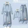 Conjunto de moletom com laço e jeans para meninas, coleção de outono, conjunto estiloso de estilo coreano para crianças maiores, conjunto de duas peças para alunos do ensino fundamental