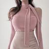Corea del Sur Dongdaemun Nuevo Rosa Suave Elegante Cordones Cuello Semialto Ajustado Manga Larga Camiseta gn