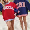 Sudadera de estilo europeo y americano para mujer, transfronteriza de Amazon, estampado de letras americanas, retazos de cuadros europeos y americanos, top casual de cuello redondo para mujer