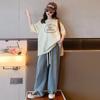 Camiseta de Algodón de Manga Corta para Niñas 2024 Verano Nuevo Estilo Mediana y Grande Niños Delgada Jeans Conjunto Casual de Dos Piezas para Niños a la Moda