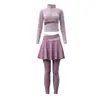 Conjunto Fitness Feminino Manga Longa Cardigan de Yoga Falso Conjunto de Duas Peças Calça Saia Cobertura de Defeitos Emagrecimento Alta Elasticidade Roupa para Corrida Yoga Conjunto de Duas Peças