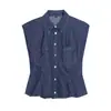 Venta al por mayor transfronteriza 2026 moda europea y americana casual conjunto de camisa de mezclilla abotonada con hombreras + pantalones largos para mujer E75469