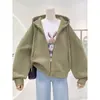 Jaqueta de Lã Oversize Estilo Coreano Curta para Primavera e Outono Moletom com Capuz Solto Cardigan com Zíper Top Versátil