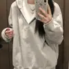 Moletom com Capuz Estilo Casual Americano Preguiçoso Contrastante Falso Duas Peças para Mulheres no Outono e Inverno Forrado com Fleece Quente Top Coreano para o Dia a Dia