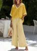 Conjunto de Traje de Algodón y Lino Nuevo de Verano para Mujer Top Holgado de Manga Corta con Cuello en V Pantalones de Pierna Ancha Rayados Conjunto de Dos Piezas Casual Transfronterizo
