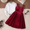 Vestido de Menina Outono/Inverno Conjunto Infantil Colete de Veludo Vermelho Saia de Princesa Laço Vestido de Aniversário Conjunto de Duas Peças