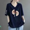 Moda de Descuento para Comercio Exterior Transfronterizo Camiseta de Manga Corta con Cuello en V Estilo Chino Nuevo para Mamá de Comercio Exterior Top Suelto de Media Longitud para Mujer