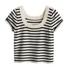 Tienda Insignia Dan Nong de Shanghái/Suéter de Punto Rayado de Manga Corta con Cuello en U Grande para Mujer, Top de Verano Ajustado