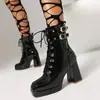 Botas de Cuero para Mujer Transfronterizas Otoño Invierno Punta Cuadrada Plataforma Piel Brillante Botas de Media Caña Talla Grande Versátiles Cremallera Lateral Botas de Montar Piel Charol