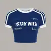 Nueva Camiseta de Verano 2025 Estilo Callejero Personalizada con Estampado de Letras Sexy con Empalme Rayas Cuello Redondo Manga Corta Ajustada para Mujer