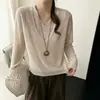 Blusa de tricô com decote V vazado e manga curta tipo babado para mulheres, novo para o outono de 2026, manga longa, respirável, versátil, gola alta, na cor cinza claro