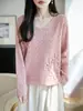 Top de punto para mujer de cuello en V para principios de otoño con delicado diseño calado, ligero y transpirable, favorecedor para el cuello, de manga larga, como capa base.