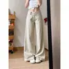 Chao Li tem estoque calça jeans casual casual feminina cintura alta botão duplo outono novo perna reta solta comprimento total