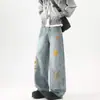 Jeans con Bordado Floral para Hombre, Rectos Sueltos de Pierna Ancha, Pantalones de Alta Gama Estilo Americano, Marca de Tendencia, Pantalones Largos con Diseño Elegante