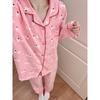 Pijama de Algodão Nuvem Estilo Coreano para Mulheres Primavera, Outono e Verão Conjunto de Calça de Manga Longa Desenho Xiaoxin Gola Lapela Roupas Finas para Casa para Mulheres