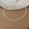 Colar Dupla Camada com Pérola e Zircônia Galvanizado a Ouro 18K Real, Corrente de Clavícula Simples, Elegante e Versátil, Corrente de Pescoço de Luxo Leve e de Alta Qualidade