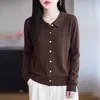 Cardigan de Tricô Gola Polo Liso de Lã Fina Manga Longa Feminino Vazado Cor Sólida Solto Novo Outono/Inverno 2026