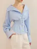 Novas Camisas Femininas Transfronteiriças, Estilo Europeu e Americano, Primavera e Outono, Design de Nicho, Blusas Camisa Listradas Versáteis de Manga Longa