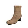 Estilo blogger~Nuevas botinetas cortas con cremallera lateral de piel de vaca esmerilada Otoño/Invierno 2026, totalmente de piel por dentro y por fuera, tacón grueso, botinetas nicho para mujer