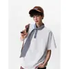 Camiseta Polo Masculina de Verão com Design Nicho, Xadrez Azul, Manga Curta, Falsa Peça Dupla, Ombro Direito