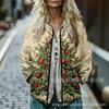 Sudadera de Algodón con Cuello Alto y Pliegues para Mujer 2025, Estampado Floral Retro, Rayas Otoño e Invierno, Botones, Sudadera para Mujer