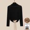 Camiseta Básica de Terciopelo Cepillado de Doble Cara para Mujer en Otoño e Invierno con Mangas Largas, Cuello Alto, Cuello de Terciopelo y Felpa Engrosada, Top Cálido para Mujer