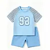 Conjunto Azul Sal Marina Ins de Secado Rápido para Niños, Shorts de Manga Corta Rayados Raglán de Color Contrastante, Ropa Deportiva de Verano para Exteriores para Niños